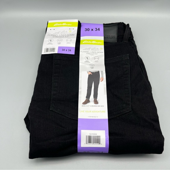 Eddie Bauer Men's Flannel Lined Denim Black 30x34 Straight Fit Stretch Warm New - Picture 1 of 8
